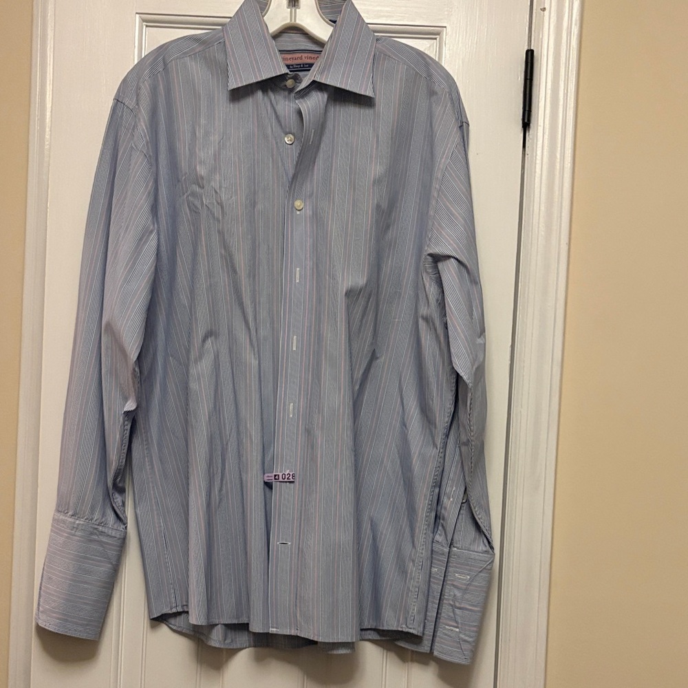 Vineyard Vines Men’s Blue & Pink Stripe Dress Shirt - Classic Collared Button-Up